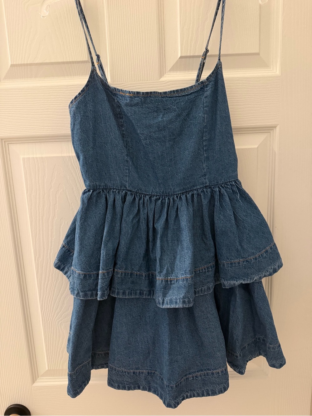 Blue Denim Tiered Spaghetti-Strap Dress